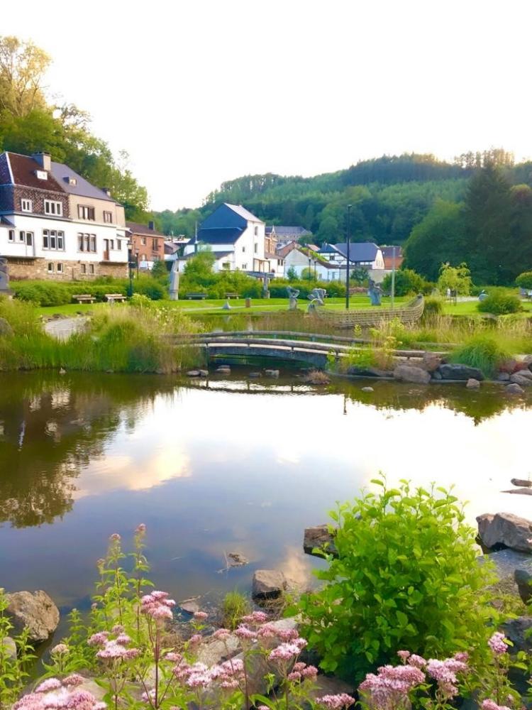 rivier met brugje en huizen aan de linkerkant